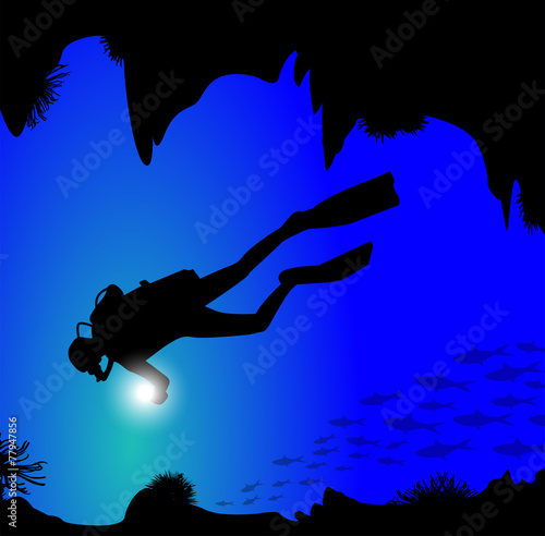 silhouette di palombaro in fondo al mare