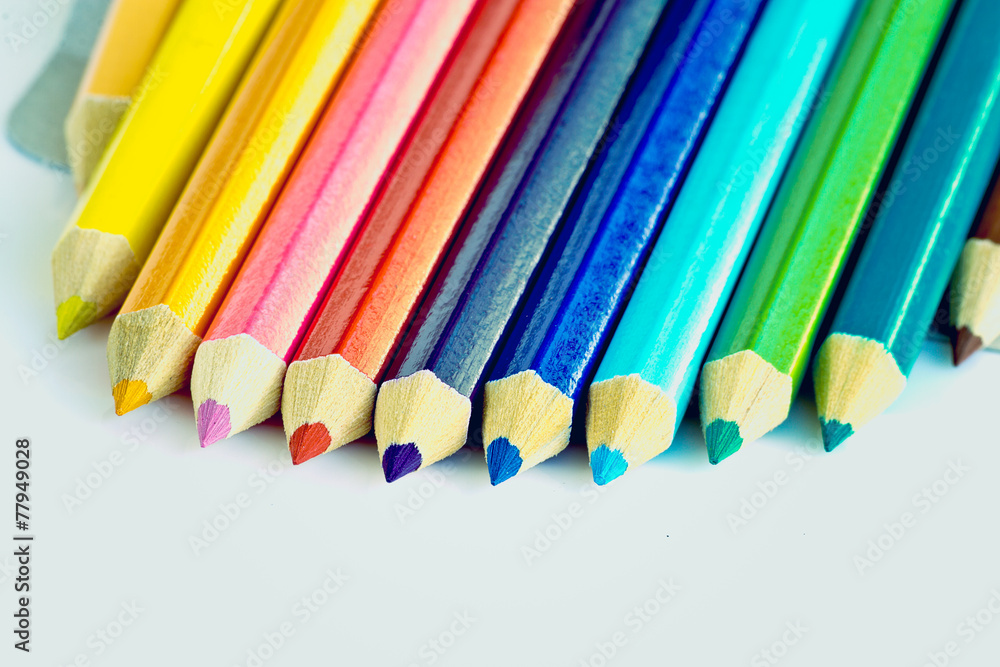 close up set of crayons and mix color on white table close up set of crayons and mix color on white table