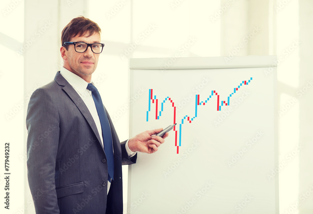 businessman pointing to forex charton flip board businessman pointing to forex charton flip board