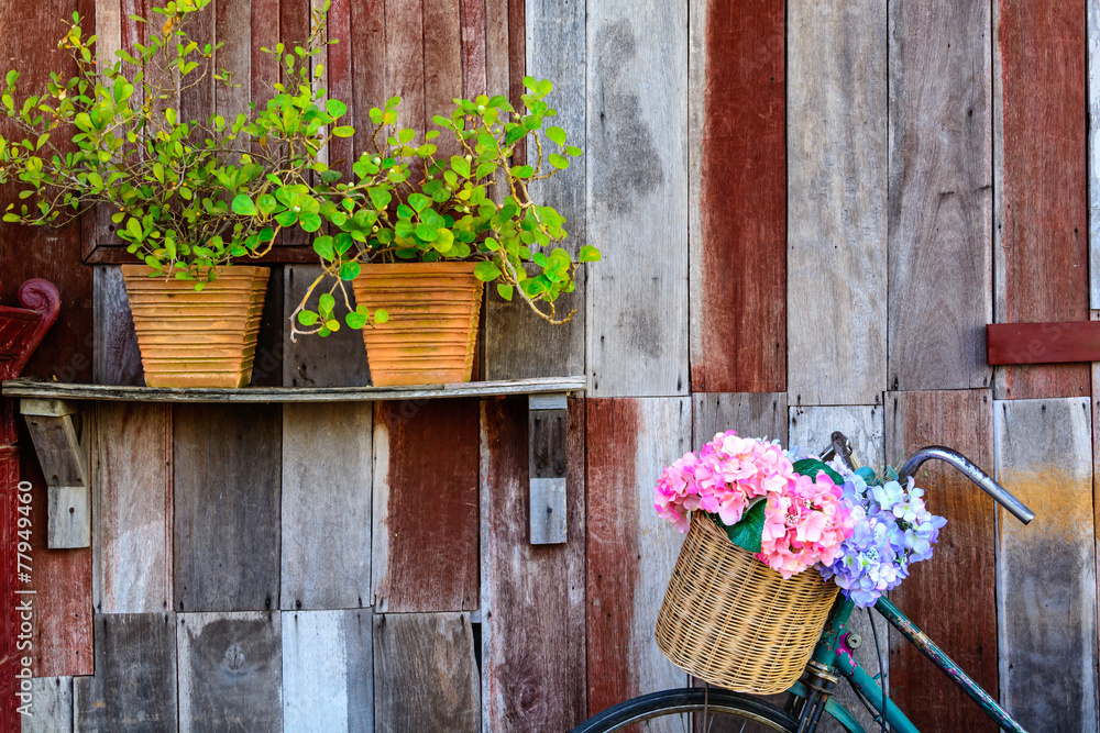 Fotografie Bicycle with old wooden wall
