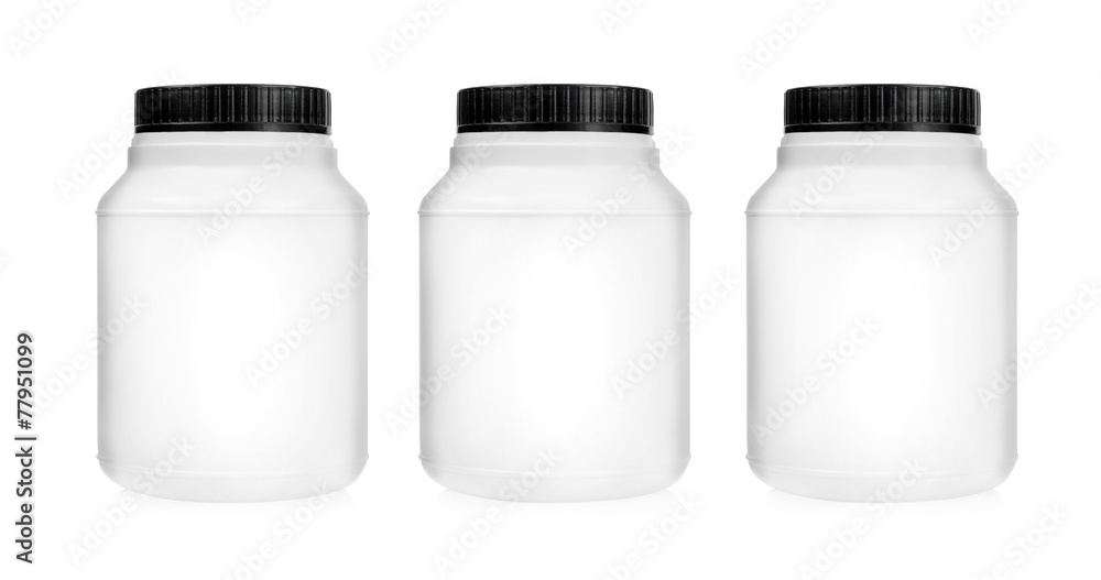 Three plastic jars arranged in row isolated Three plastic jars arranged in row isolated