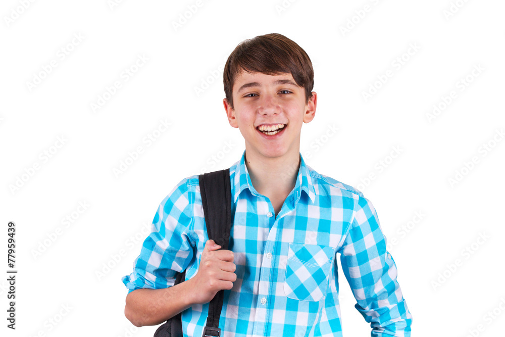 Teenager carrying backpack on one shoulder and smiling isolated Stock Photo  | Adobe Stock