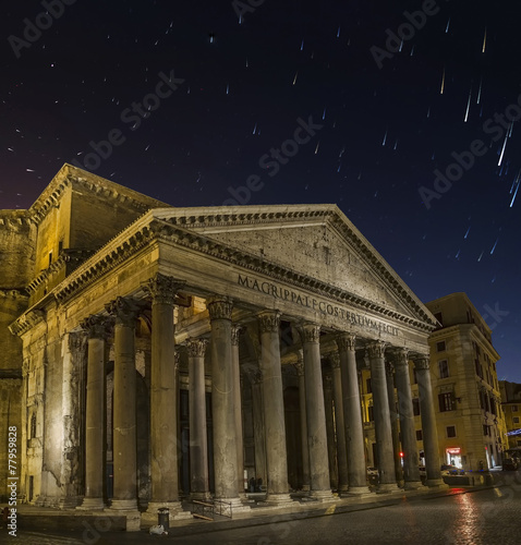 pantheon by night in rome  star trails in the sky