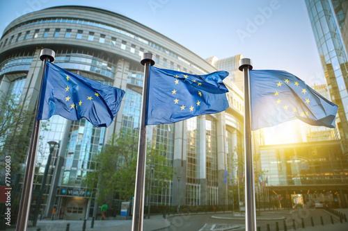Photo European union flag against parliament in Brussels