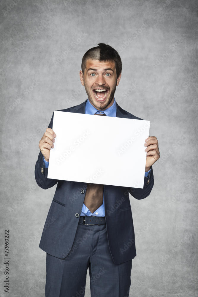 happy businessman holding a sheet of paper happy businessman holding a sheet of paper