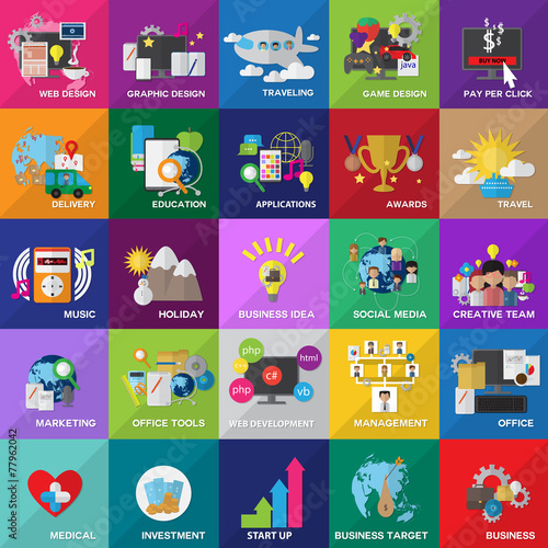 Flat Icons Set For: Web Design, Social Media, Marketing..
