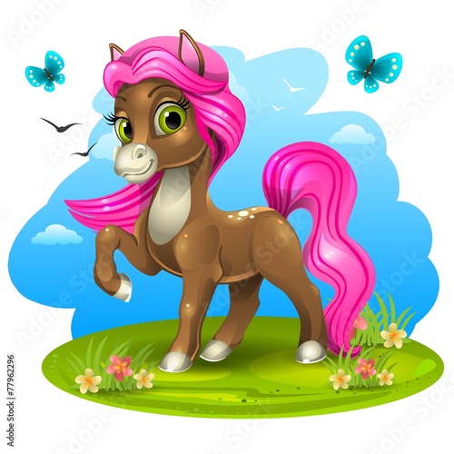 Brown pony with pink tail