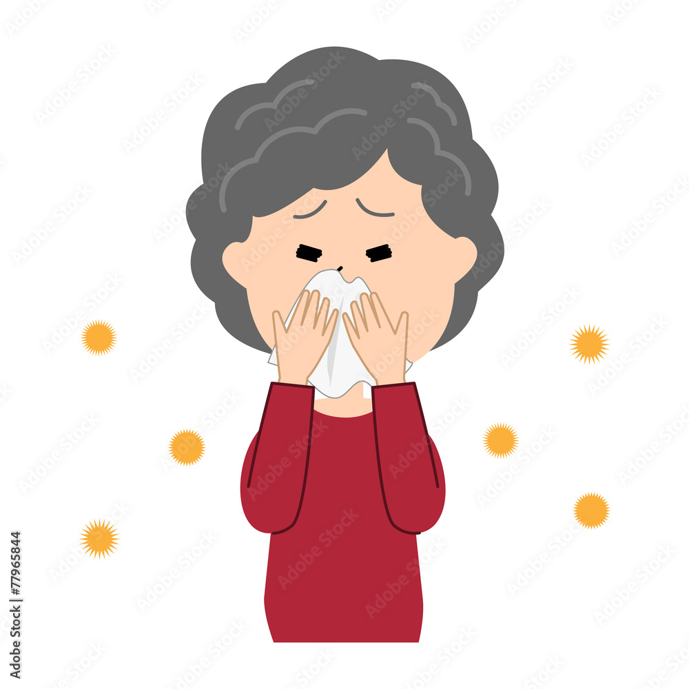 An elderly woman blowing nose, allergen flowing in the air An elderly woman blowing nose, allergen flowing in the air