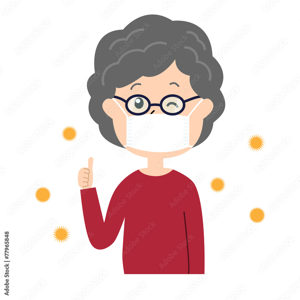 A happy elderly woman winking with a mask and glasses on