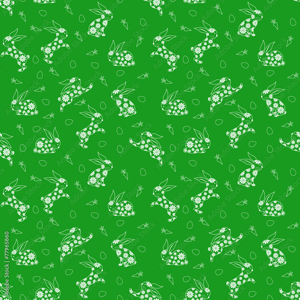 Naklejka premium Seamless pattern with white rabbits over green