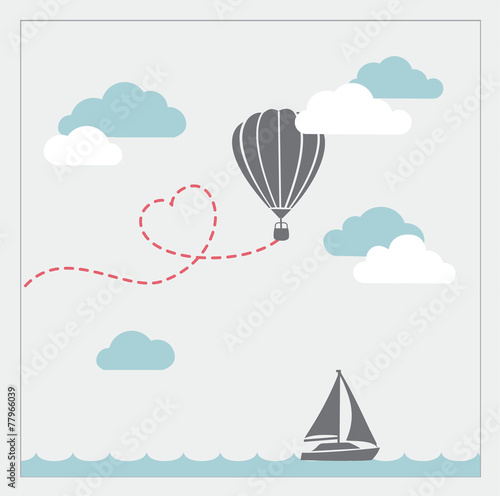 Retro vector card with aerostat flying in the clouds and