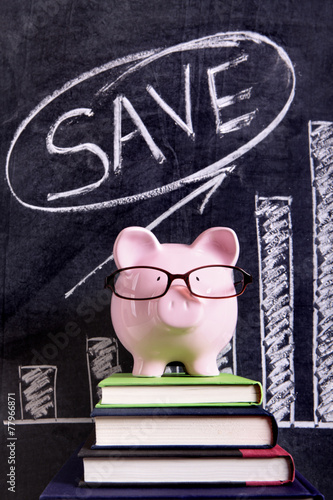 Piggy Bank piggybank wearing glasses with savings plan message and chart written on a blackboard or chalk board photo