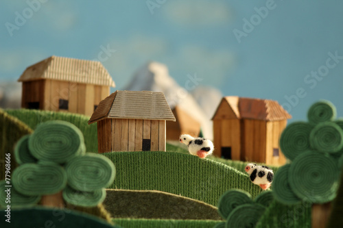 Countryside landscape animation with cows made of wool