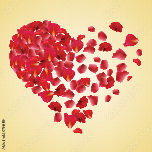 Red rose petals in heart shapes