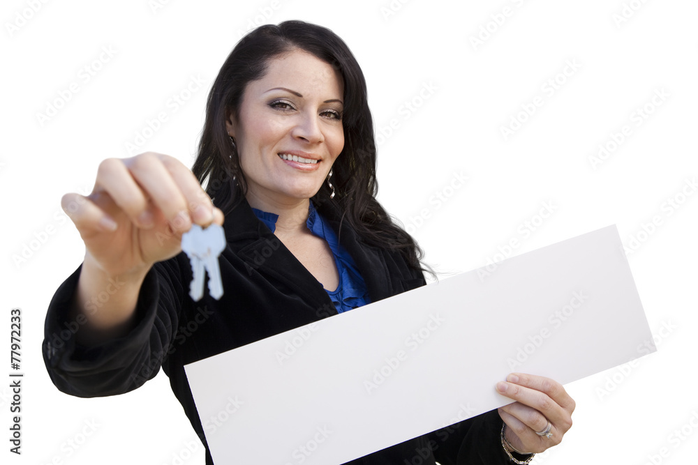 Hispanic Woman Holding Blank Sign and Keys On White Hispanic Woman Holding Blank Sign and Keys On White