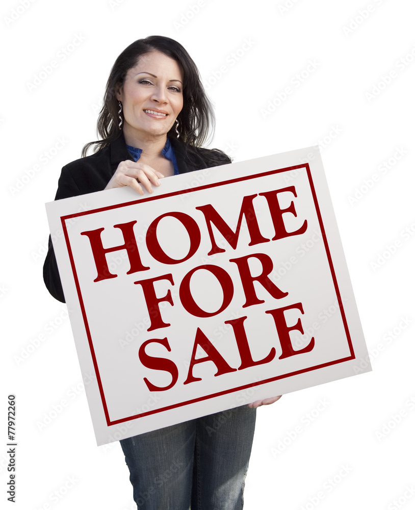 Hispanic Woman Holding Home For Sale Real Estate Sign Hispanic Woman Holding Home For Sale Real Estate Sign