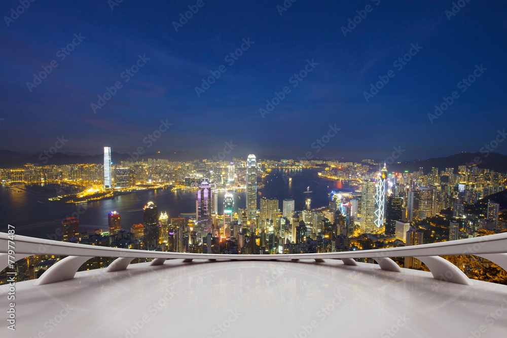 Empty viewing deck with Hong kong night scene