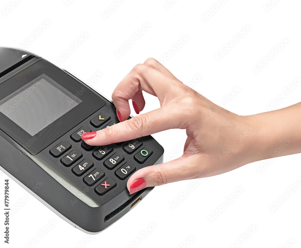 payment terminal, enter PIN on white background isolated payment terminal, enter PIN on white background isolated