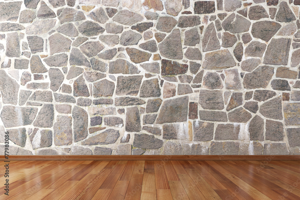 Empty room with stone wall and wooden floor Stock Photo | Adobe Stock