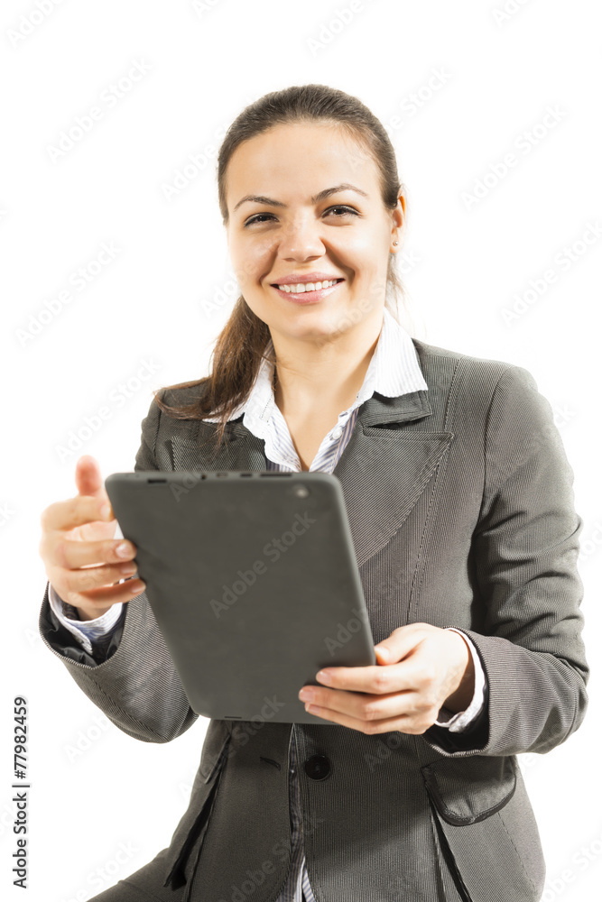 Woman using digital tablet, happy, isolated on white background. Woman using digital tablet, happy, isolated on white background.