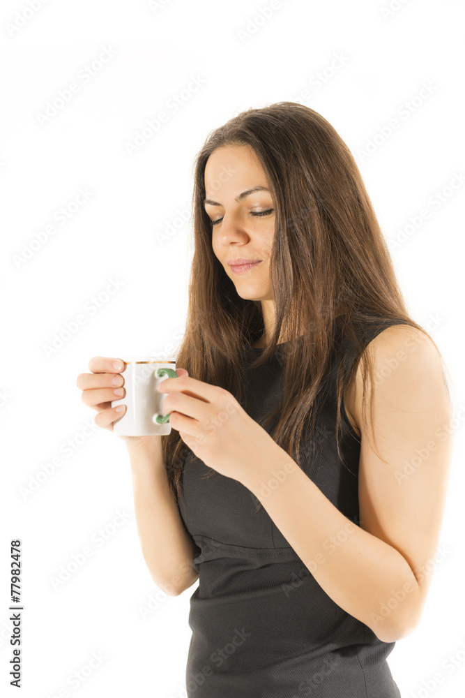 Business woman smiling and hold white cup of hot drink Business woman smiling and hold white cup of hot drink