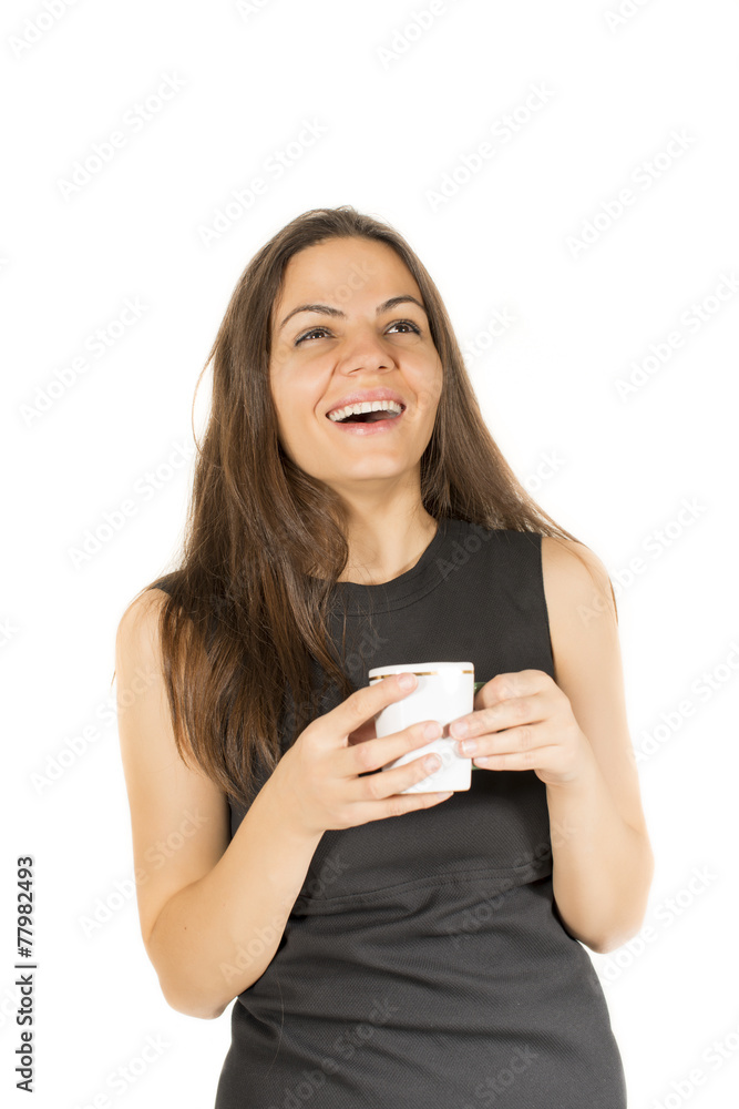 Business woman smiling and hold white cup of hot drink Business woman smiling and hold white cup of hot drink