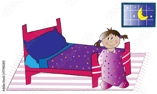 Niña con cama y en camisón