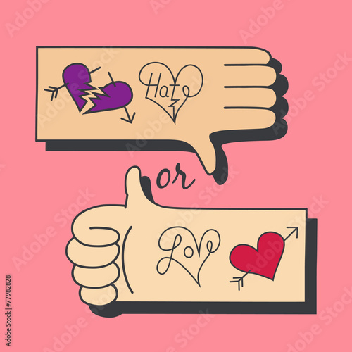 Illustration of hands making love and hate symbol