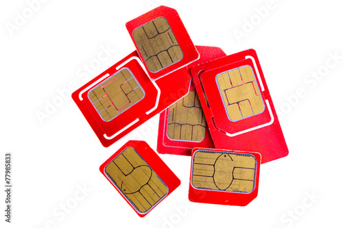 Plakat Stack of red sim card on white background