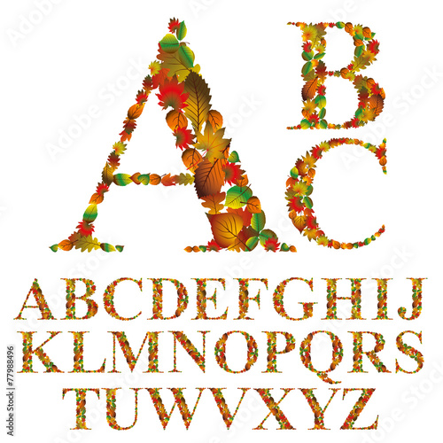Font made with leaves, floral alphabet letters set, vector desig