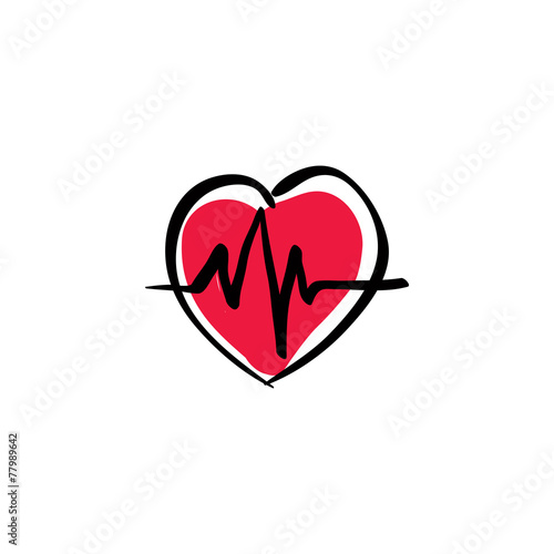 Illustrated heart with ekg, vector cardiology icon.