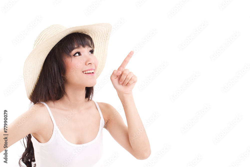 woman pointing up, looking up, white isolated background woman pointing up, looking up, white isolated background