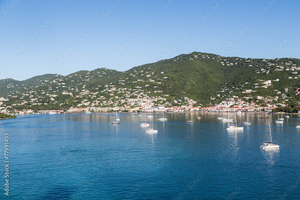 Sailboats Moored in Blue Water of St Thomas Bay
