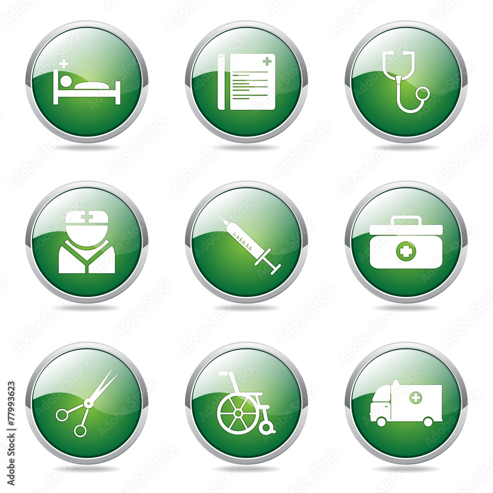 Hospital Health Green Vector Button Icon Design Set Hospital Health Green Vector Button Icon Design Set