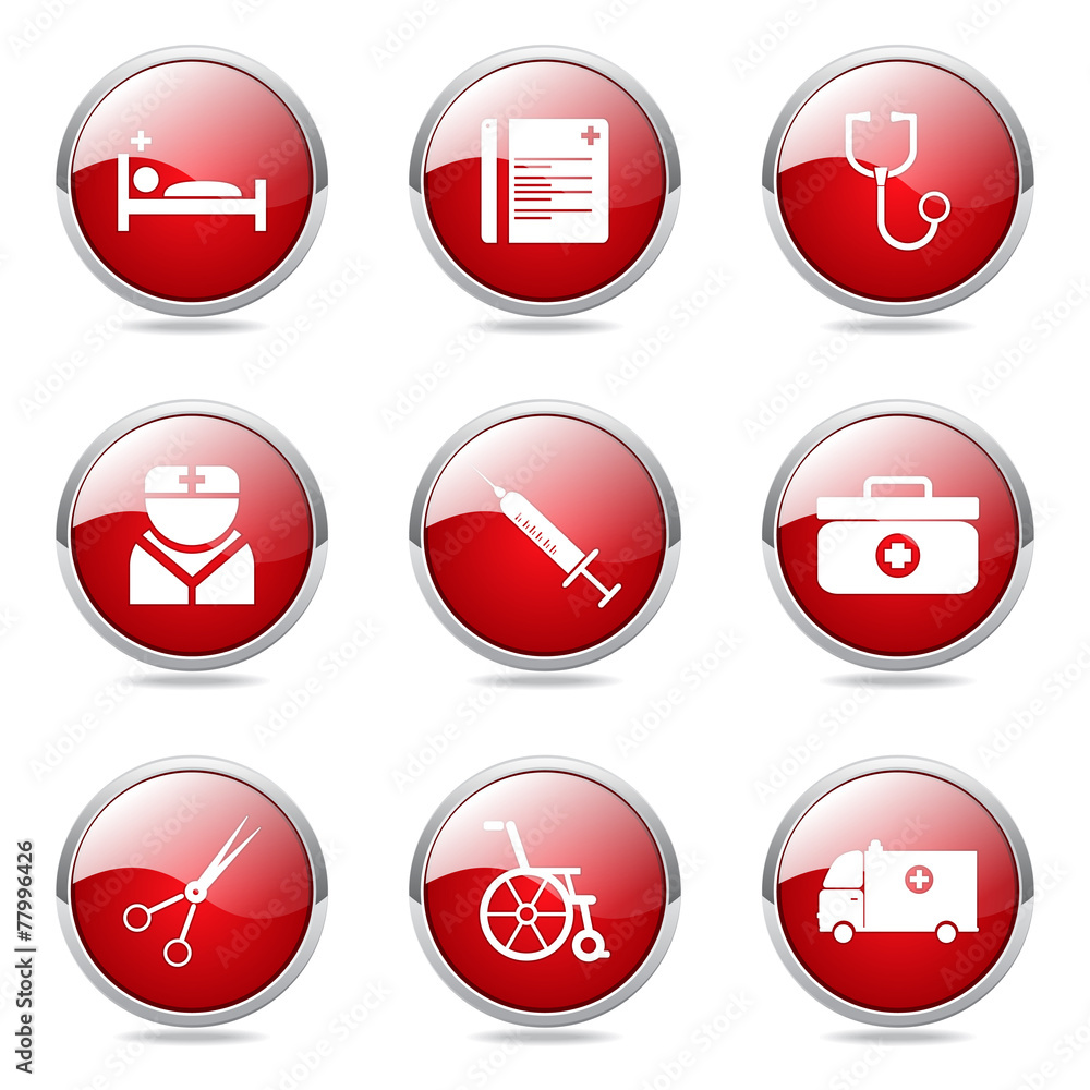 Hospital Health Red Vector Button Icon Design Set Hospital Health Red Vector Button Icon Design Set