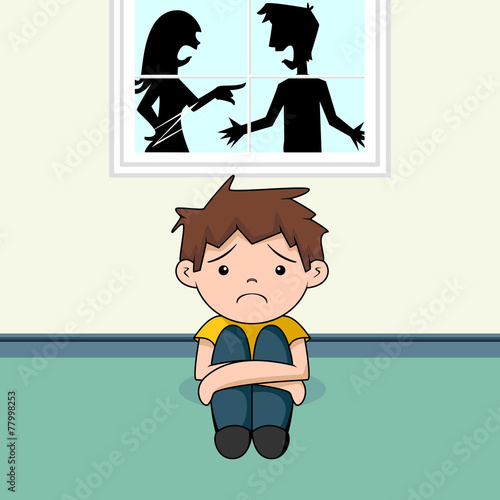 Sad boy, parents arguing,  vector illustration