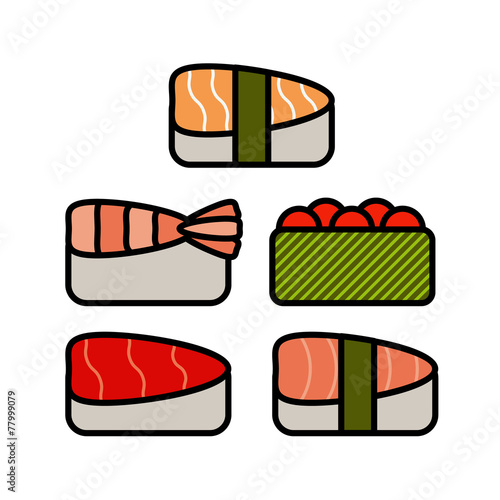 Asia food icon set with sushi rolls sashimi noodle miso isolated