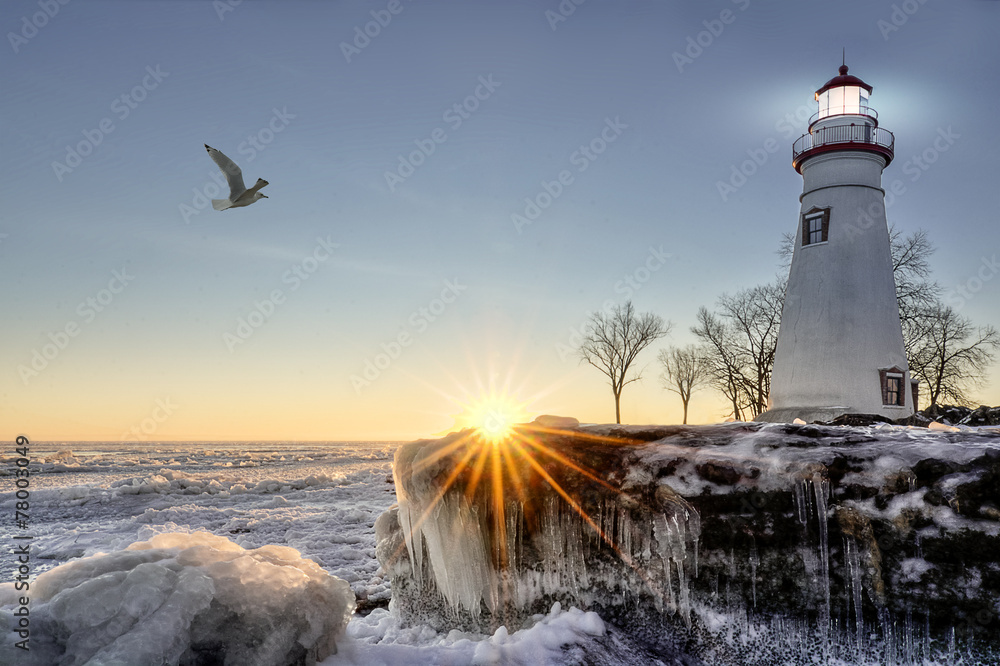 Marblehead Lighthouse Winter Sunrise - obrazy, fototapety, plakaty 