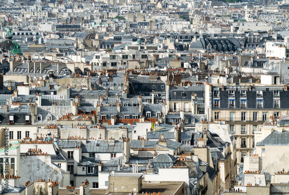 Classic Parisian buildings. Aerial view of roofs