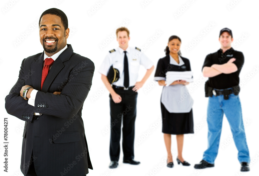 Occupations: Businessman Stands at the Front of Employee Group Occupations: Businessman Stands at the Front of Employee Group