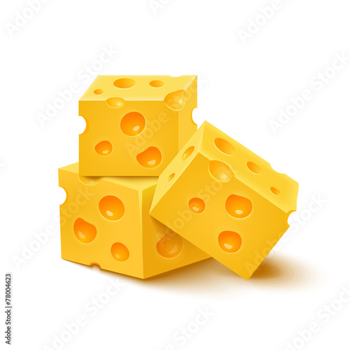 Cubes of yellow cheese on white background. Vector illustration