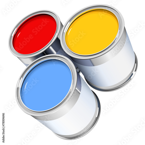 three metal cans with colorful paint