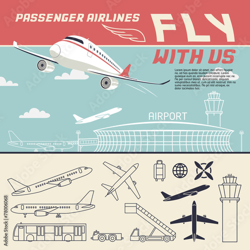 Airline and airport illustration and icons set