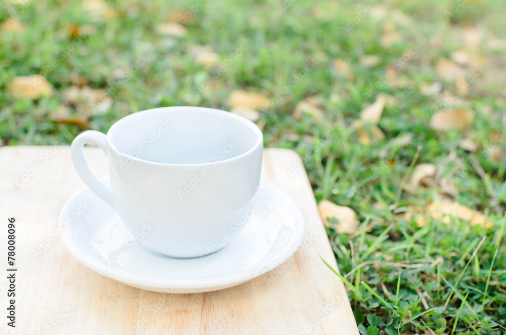 Blank coffee cup on wooden board with grass and natural light. Blank coffee cup on wooden board with grass and natural light.
