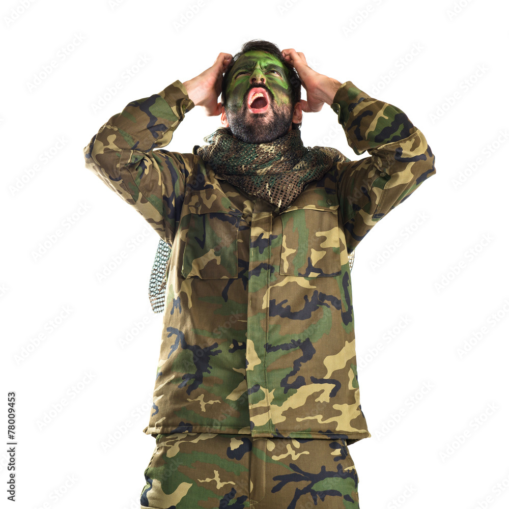 frustrated soldier over white background frustrated soldier over white background