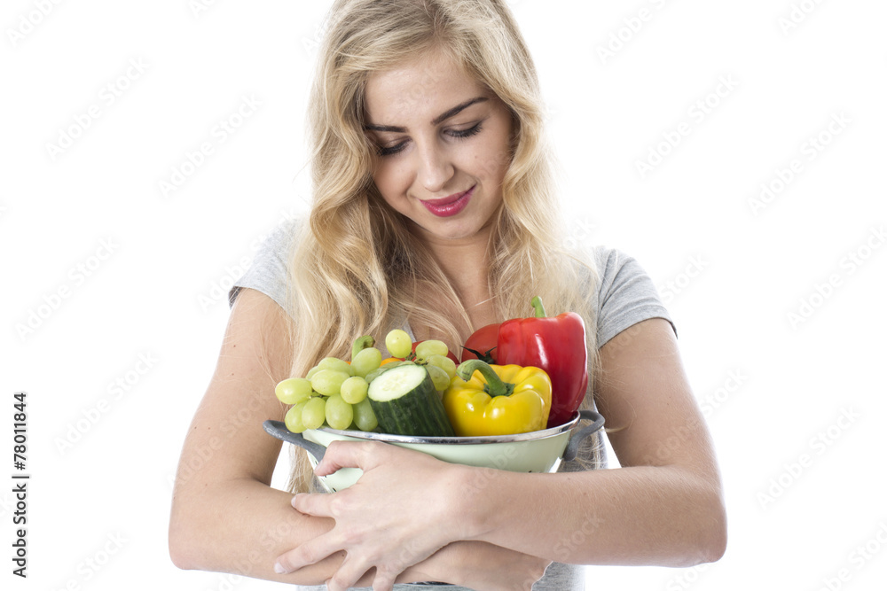 Young Woman Holding a Selection of Fruit and Vegetables Young Woman Holding a Selection of Fruit and Vegetables