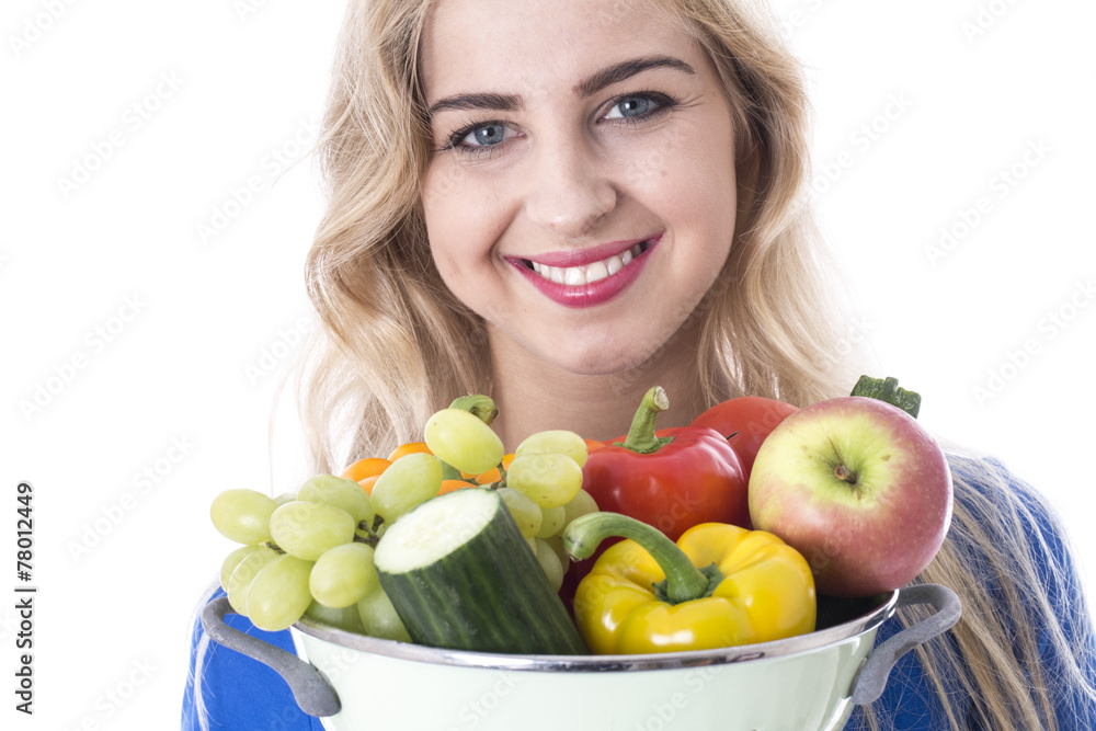 Young Woman Holding a Selection of Fruit and Vegetables Young Woman Holding a Selection of Fruit and Vegetables