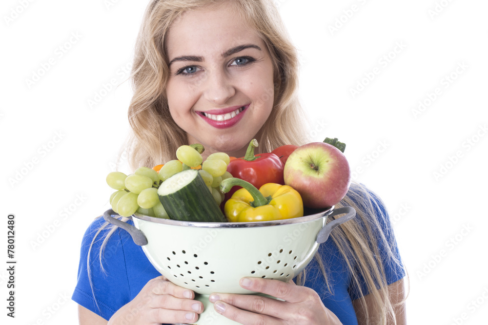 Young Woman Holding a Selection of Fruit and Vegetables Young Woman Holding a Selection of Fruit and Vegetables