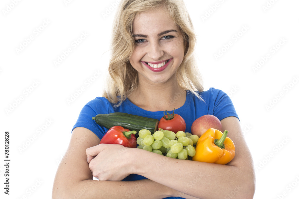 Young Woman Holding a Selection of Fruit and Vegetables Young Woman Holding a Selection of Fruit and Vegetables
