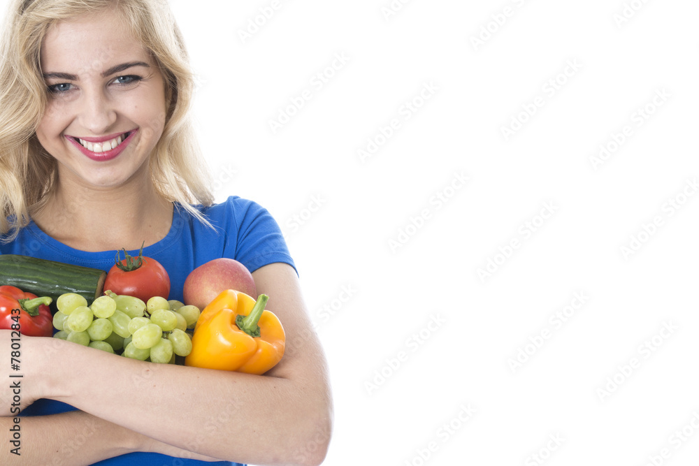 Young Woman Holding a Selection of Fruit and Vegetables Young Woman Holding a Selection of Fruit and Vegetables